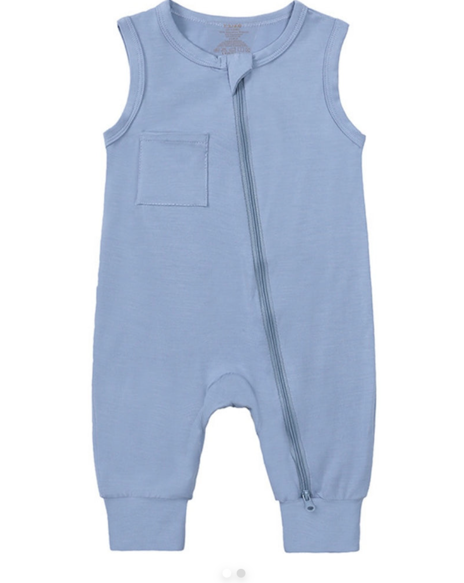 Beloved Bubs sleeveless bamboo romper in ocean blue, flat lay front view – stretchy bamboo-spandex blend that's hypoallergenic and comfy for babies.