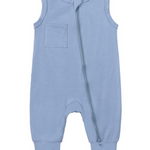 Beloved Bubs sleeveless bamboo romper in ocean blue, flat lay front view – stretchy bamboo-spandex blend that's hypoallergenic and comfy for babies.