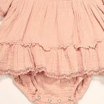 Pink cotton romper dress for baby girls with scalloped crochet flutter sleeves and ruffle details, size 12-18 months | Dream Nu