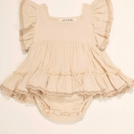Romper dress for baby girls made from 100% cotton, featuring snap closures and vintage-inspired crochet trim sleeves.