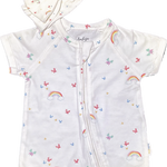 Back of baby romper showing 2-way zipper and foldover cuffs for hands and feet.