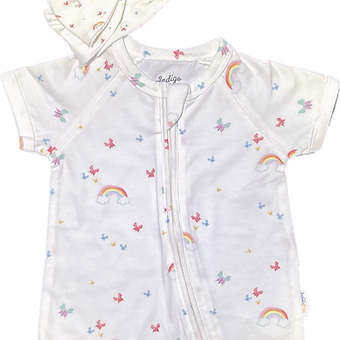 Back of baby romper showing 2-way zipper and foldover cuffs for hands and feet.