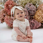 Front view of baby rainbow short romper with headband in soft organic cotton by Indigo & Lellow.