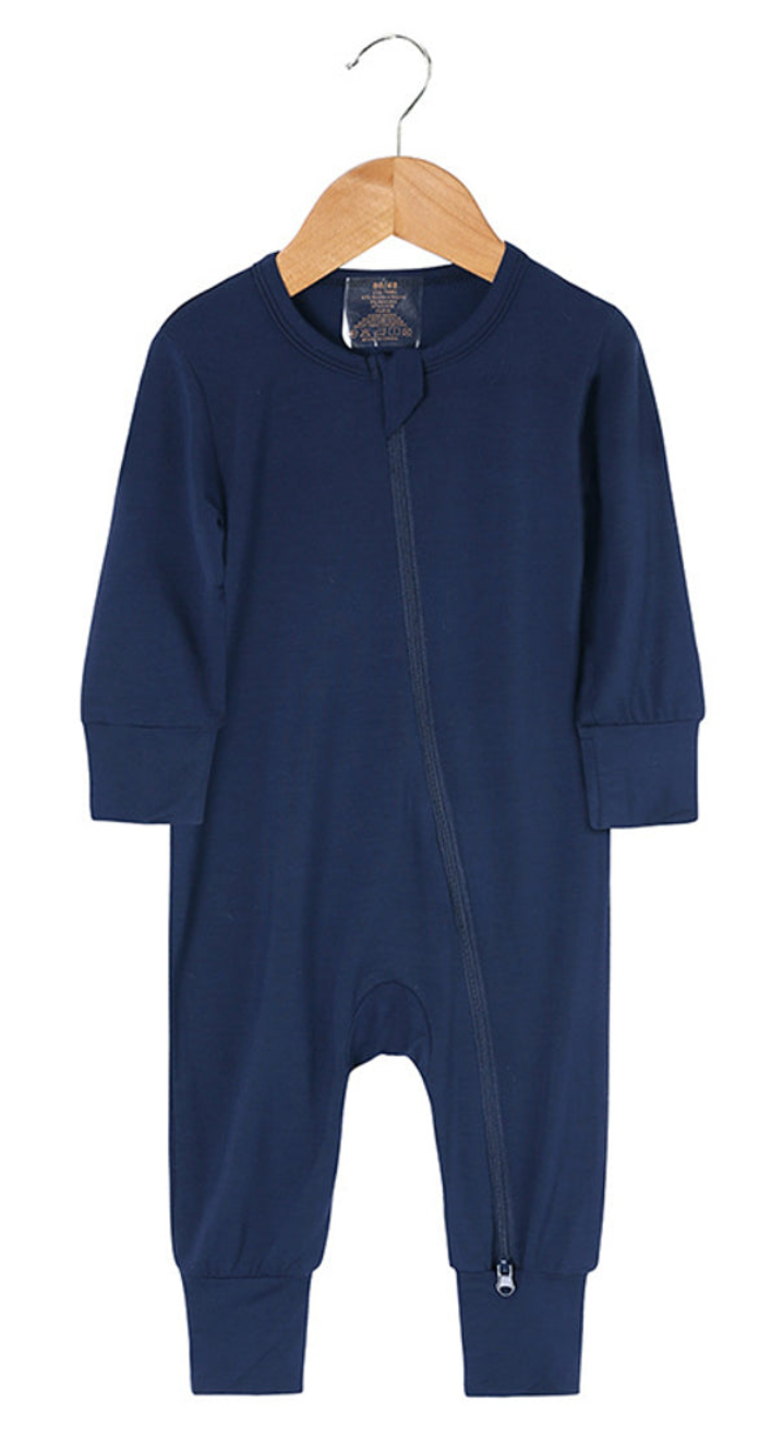 Beloved Bubs long sleeve bamboo romper in navy blue – ultra-soft, eco-friendly babywear with snug fit and zipper closure.