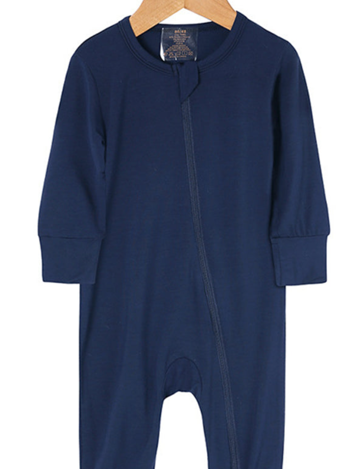 Beloved Bubs long sleeve bamboo romper in navy blue – ultra-soft, eco-friendly babywear with snug fit and zipper closure.