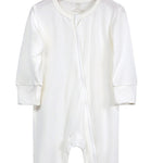 “Beloved Bubs long sleeve bamboo romper in white – soft, breathable baby outfit with front zipper for easy changes.”