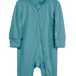 Beloved Bubs sleeveless bamboo romper in ocean blue, front view – lightweight, hypoallergenic infant onesie with zipper for easy changes.