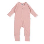 Dusty pink ribbed organic baby romper front view with zip
