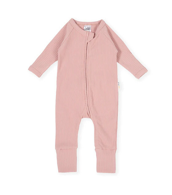 Dusty pink ribbed organic baby romper front view with zip