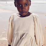 The Gaia Cotton Girls Dress in Sand – a breathable, oversized cotton dress with elegant puffed sleeves, perfect for stylish and comfortable wear | Dream Nu