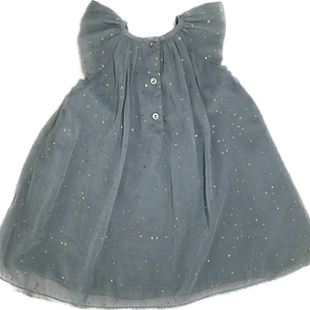 Close-up of glittery fabric and stitching on baby girl’s sparkle dress