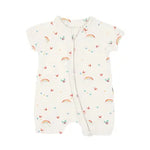 Matching baby romper and headband set laid flat, showcasing the colorful rainbow print.