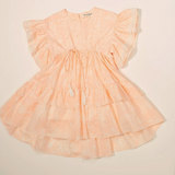 Ethereal peach floral smock dress featuring an adjustable drawstring waist with white tassels, designed for comfort and style | Dream Nu