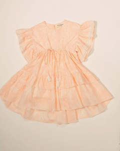 Ethereal peach floral smock dress featuring an adjustable drawstring waist with white tassels, designed for comfort and style | Dream Nu