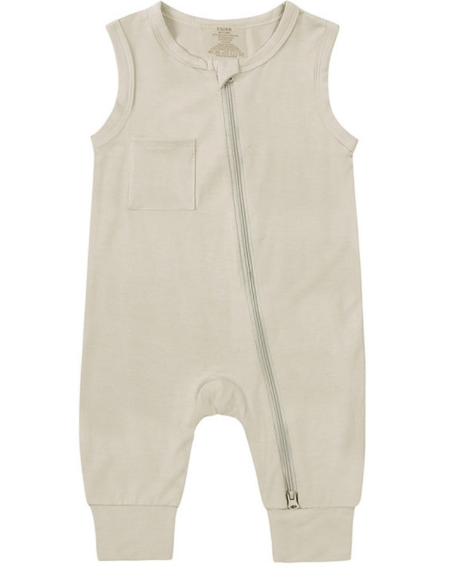 Beloved Bubs sleeveless bamboo romper in beige – ultra-soft, breathable baby outfit with zipper for easy dressing.”