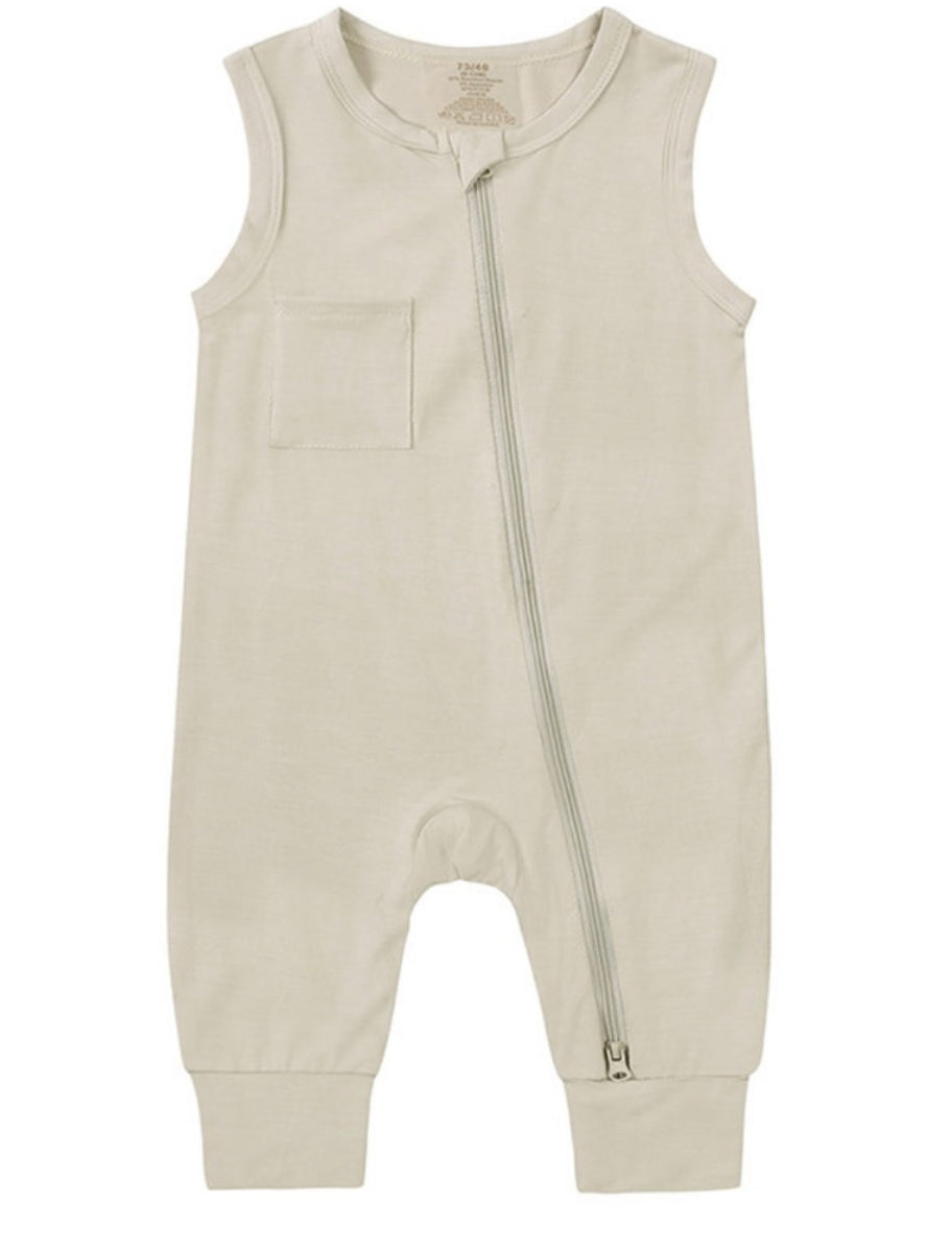 Beloved Bubs sleeveless bamboo romper in beige – ultra-soft, breathable baby outfit with zipper for easy dressing.”