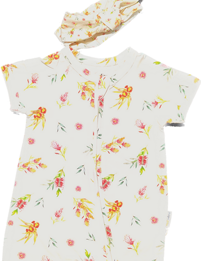 Close-up of the 2-way zipper and chin guard on the Taylor Flora baby romper