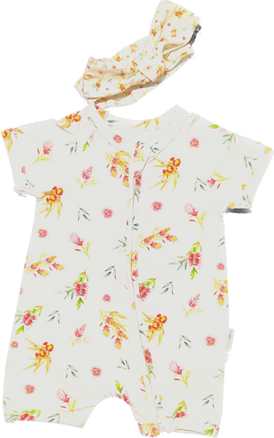 Close-up of the 2-way zipper and chin guard on the Taylor Flora baby romper