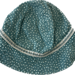 Close-up of the Eternal Creation teal polka-dot baby hat fabric and stitching.