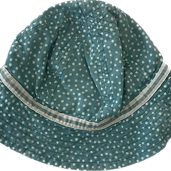 Close-up of the Eternal Creation teal polka-dot baby hat fabric and stitching.