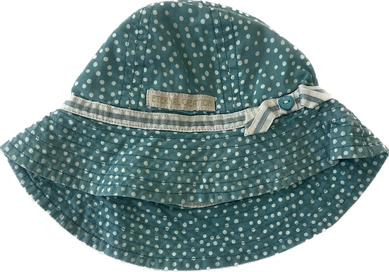 Teal polka-dot baby hat by Eternal Creation, featuring a wide brim and striped bow.