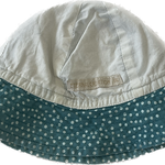 Side view of the Eternal Creation teal polka-dot baby hat with a bow detail.