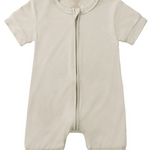 Beloved Bubs short sleeve bamboo romper in beige – soft, breathable baby romper with zipper closure for quick changes